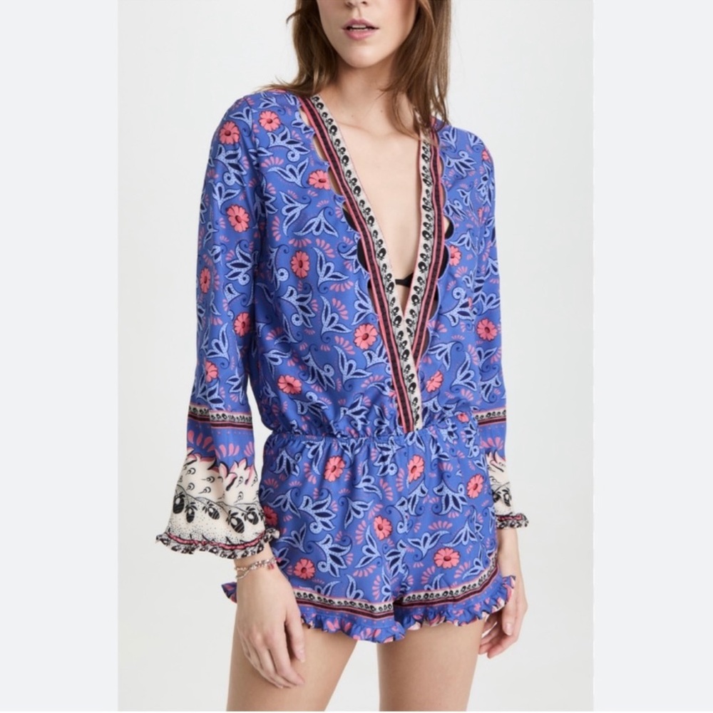 Agua Bendita Larissa blue floral ruffle Romper Jumper Jumpsuit m